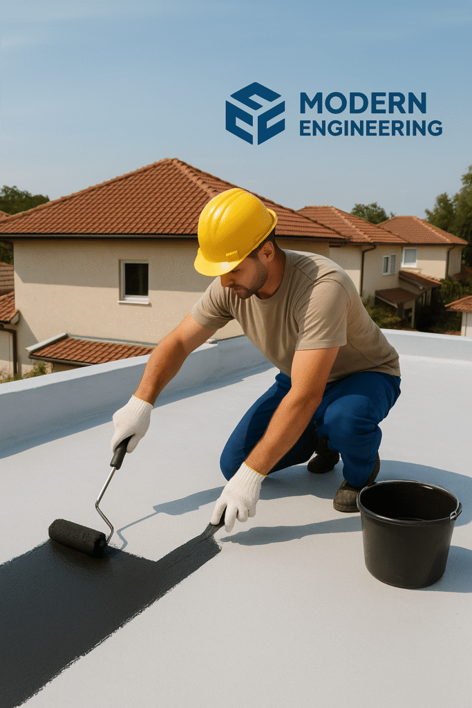 عامل من شركة الهندسة الحديثة ينفذ عزل الأسطح بجدة باستخدام مواد عازلة عالية الجودة